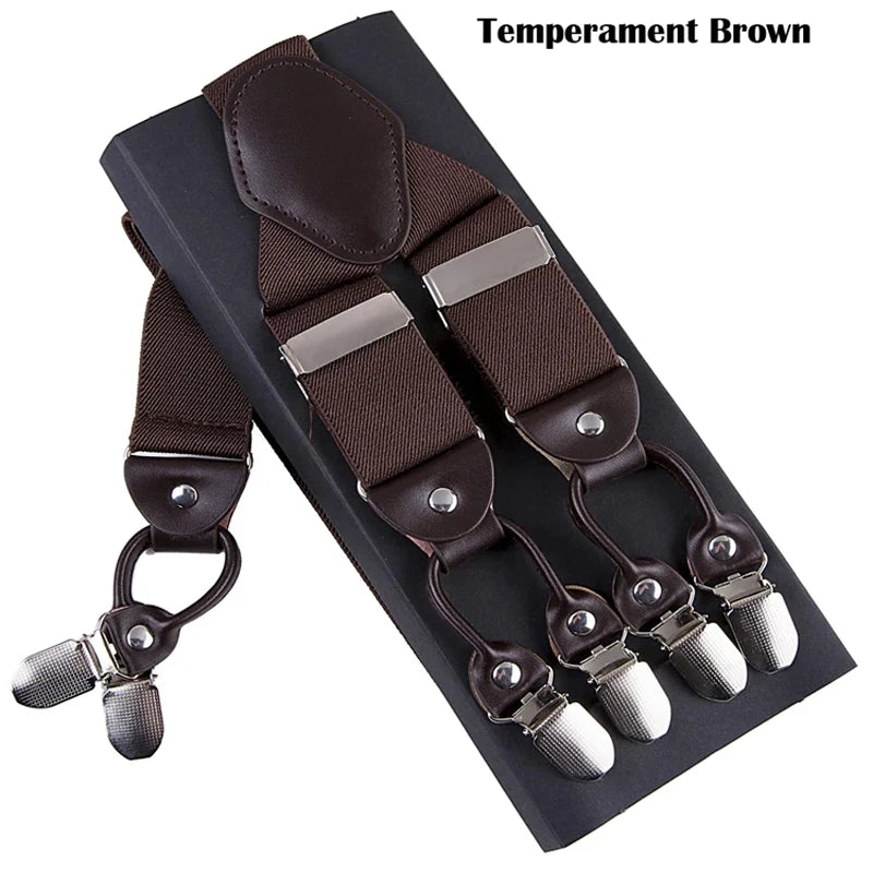 Men's Casual Fashion Leather Suspenders Adjustable High Quality Belt Strap Braces with 6 Clips