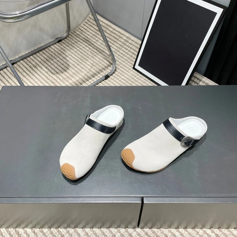 2026 New Arrival Women Mule Clogs Buckle Strap Spliced Leather Flat Backless Slip‑On Casual Slippers--wy87