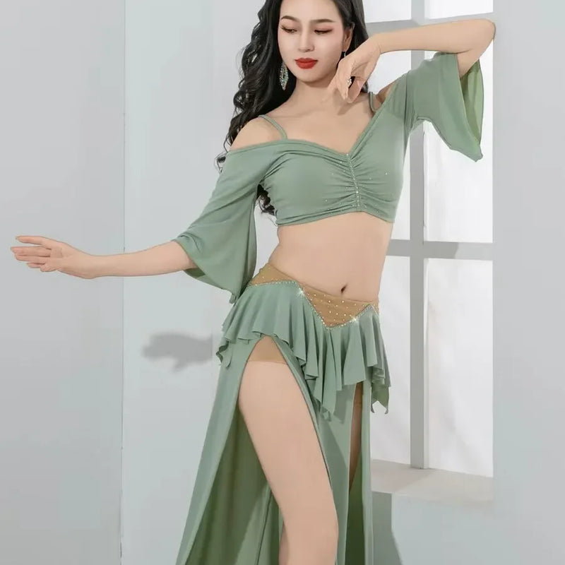 Women Girls Belly Dance Costume Set 2 Piece Half Sleeve Top Long Tassel Skirt Professional Bellydance Training Performance Wear