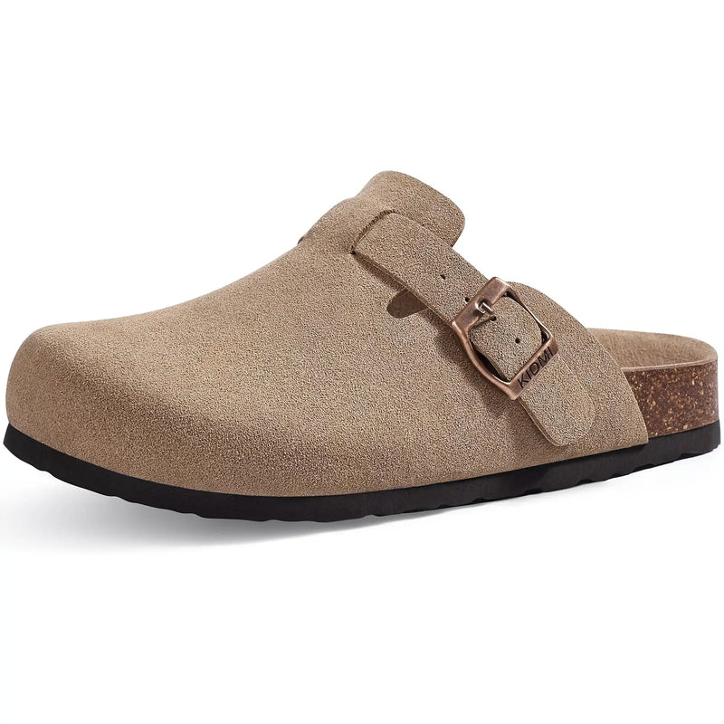 Comwarm Arch Support Unisex Clogs Slippers With Adjustable Metal Buckle Vegan Suede Mules Anti-slip Cork Footbed Potato Shoes
