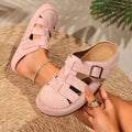 Womens Mules Round Toe Suede Look Texture Caged Cutout Flat Shoes Adjustable Buckle Strap Casual Backless Slip on Walking Clogs
