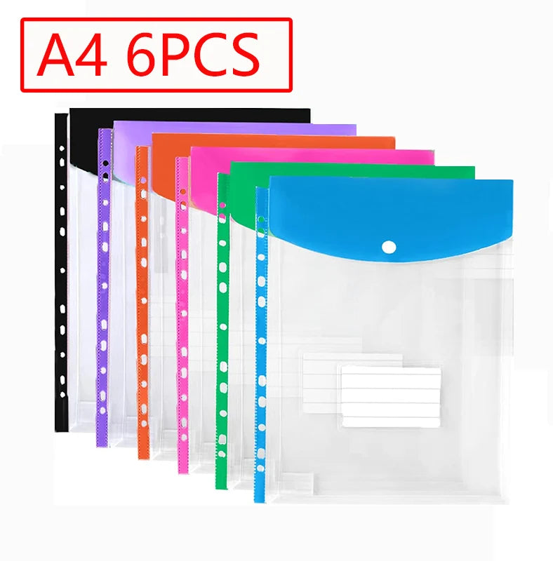 6/12pcs A4 11 Holes Binder Pocket Organizer Folders Transparent File Bag Document Pouch with Button Label for School Home Office