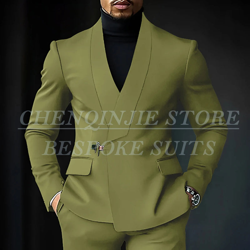 Chic Shawl Lapel Green Suits for Men High Quality Slim Fit Wedding Costume Homme Customized 2 Piece Jacket Pants Outfits Terno