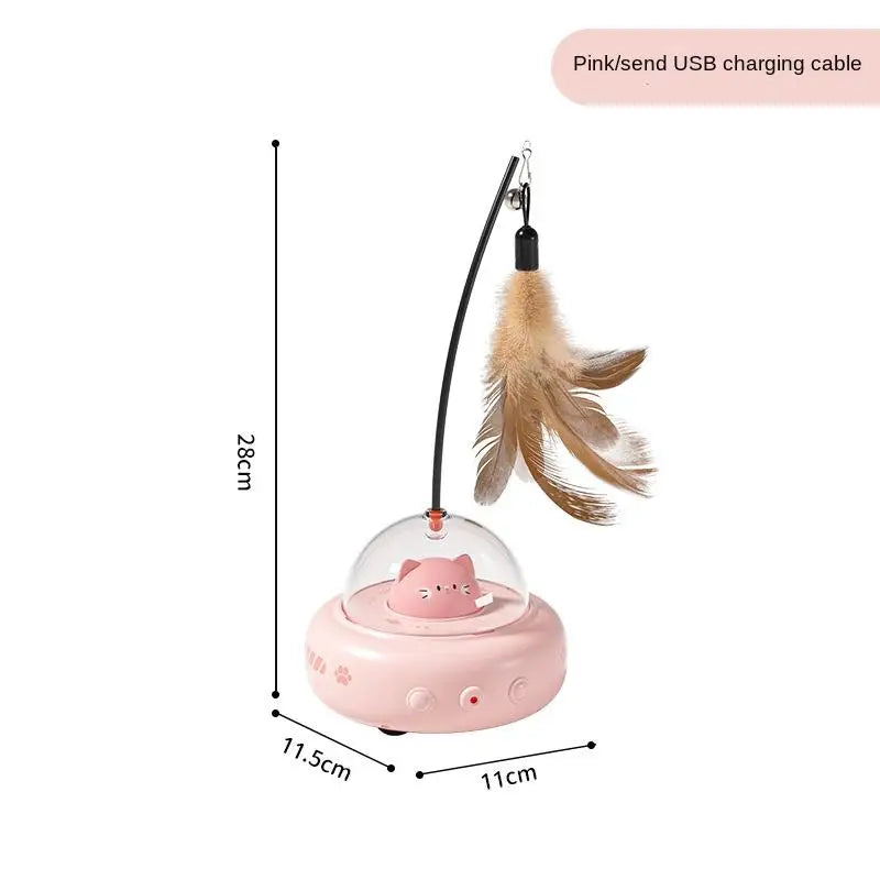 Smart UFO Electric Cat Teaser Stick Automatic Interactive Pet Toy Replaceable Feather Bell Design Daily Cat Training Play Toys