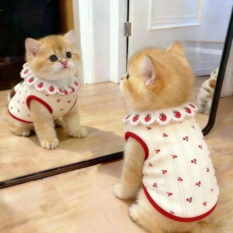 Fashion Ruffled Collar Cat Strawberry Vest Cherry Pattern Breathable Pet T-shirt Soft Thin Dogs Short Sleeve Daily Use