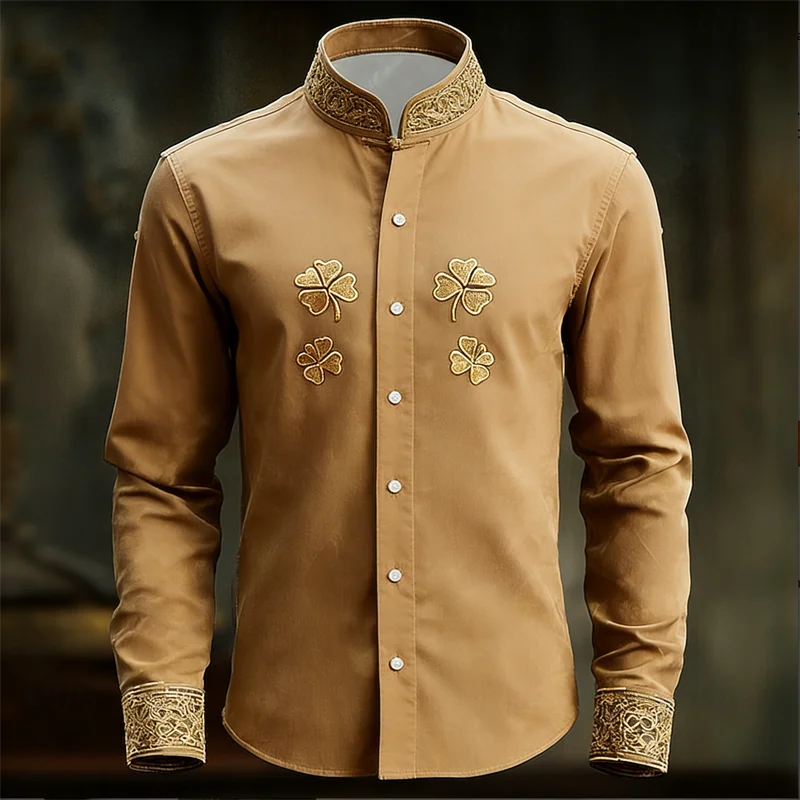 New Men's Floral Long Sleeved Shirt with Gold 3D Clover | SAMAG