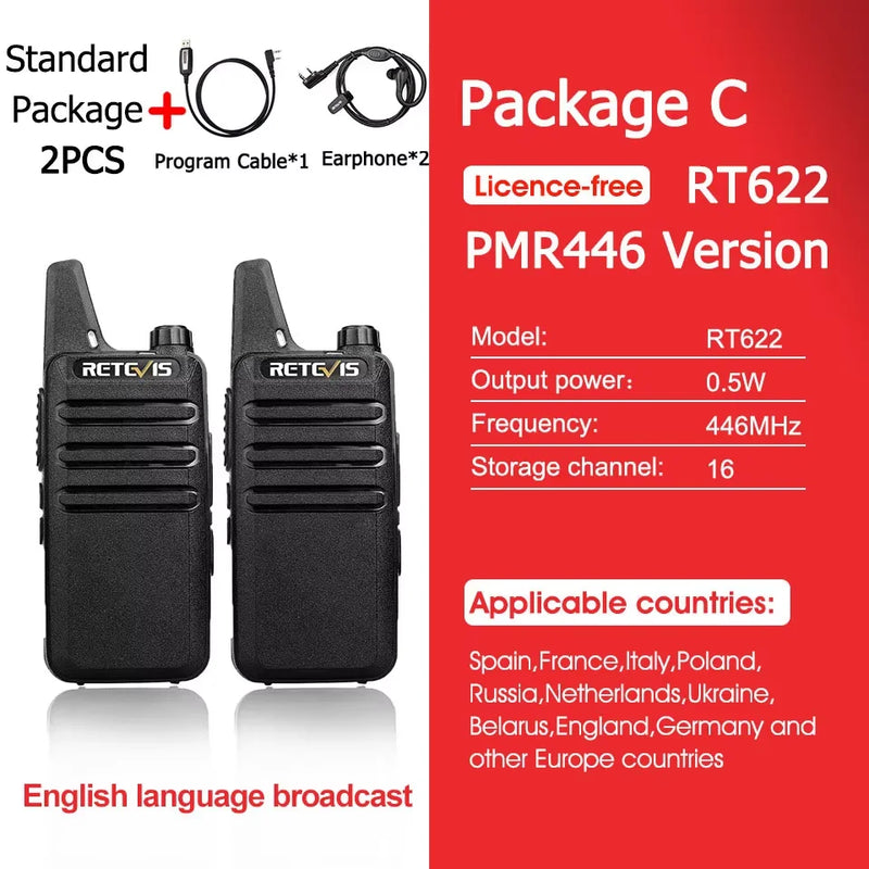 Retevis RT622 Mini Walkie Talkie 2pcs PMR446 Portable Two-way Radio PTT Walkie talkies Communication Radio for Restaurant Hotel