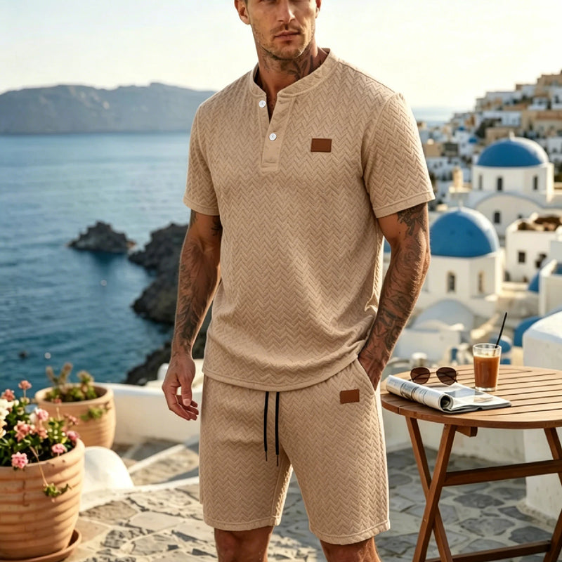 Men's Island Vacation Herringbone Textured Henley | SAMAG