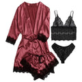 /Set Lace Satin Pajama with Robe - Cami Top & Shorts | SAMAG