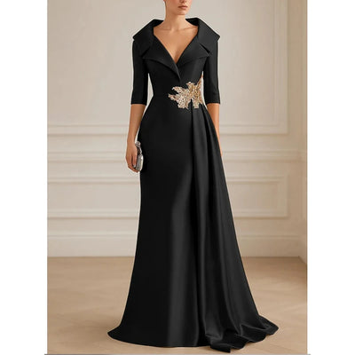 Black Formal Evening Dress Shirt Collar A Line Floor | SAMAG