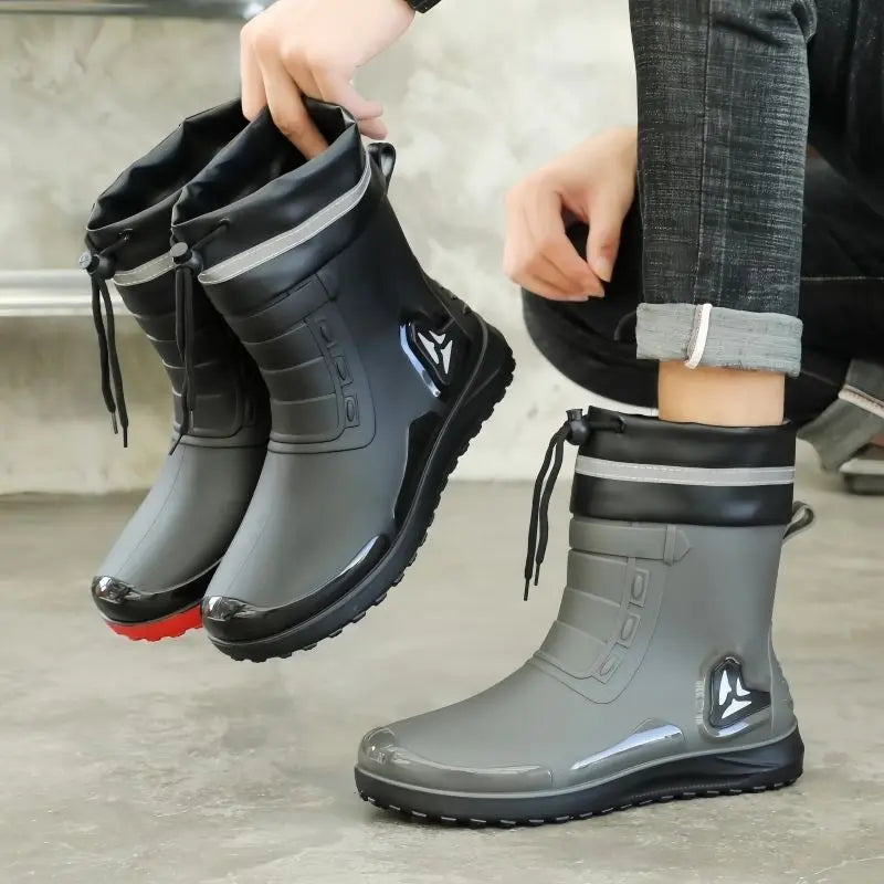Men's New Short Rain Boots with Elastic Cuff Waterproof Non-Slip Soft Sole Work Rubber Shoes