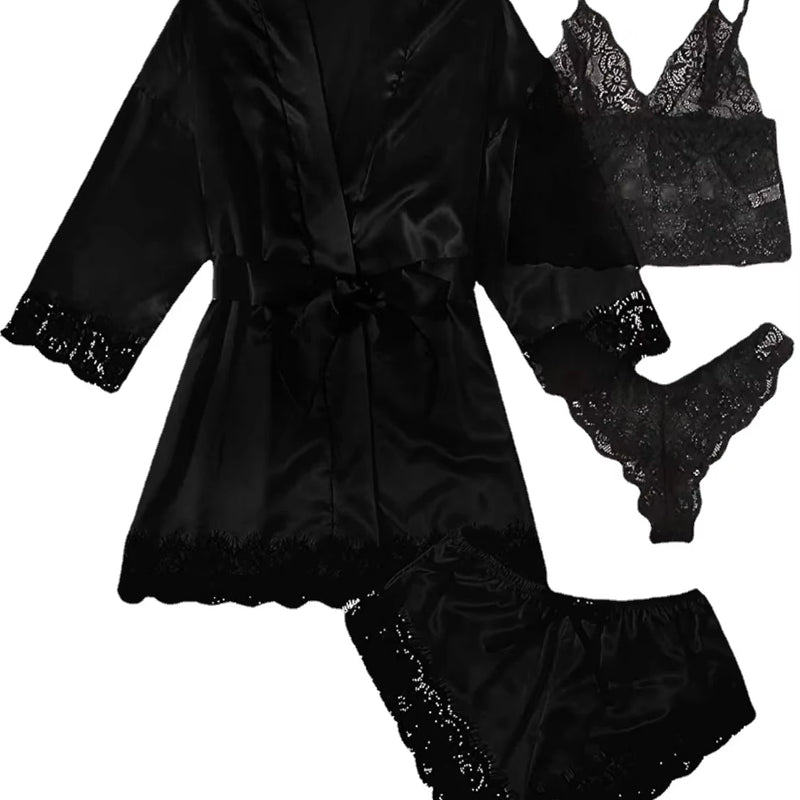 Women's Pajama Fashion 4-piece Set Lace Satin Strap Sexy | SAMAG