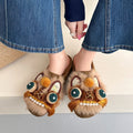 Women Chinese Style Lion Head Slippers Vintage Ethnic Open Toe Clogs Plush Warm Indoor Outdoor Casual Fashion Slide Footwear