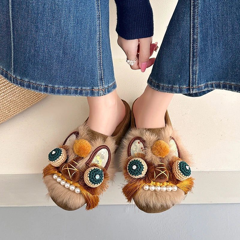 Women Chinese Style Lion Head Slippers Vintage Ethnic Open Toe Clogs Plush Warm Indoor Outdoor Casual Fashion Slide Footwear