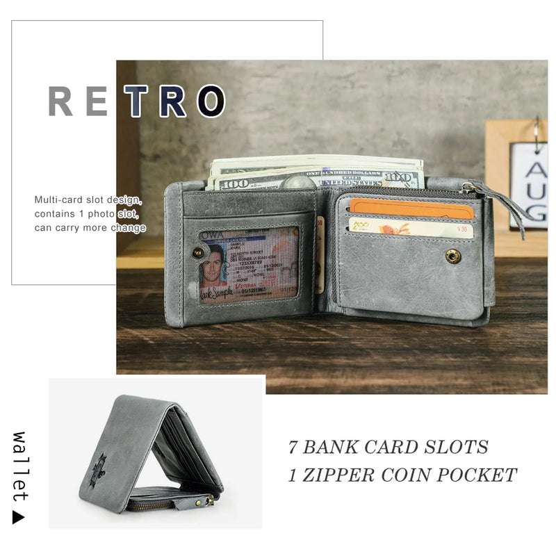 CONTACT'S Genuine Crazy Horse Leather Men Wallets Vintage Trifold Wallet Zip Coin Pocket Purse Cowhide Leather Wallet For Mens