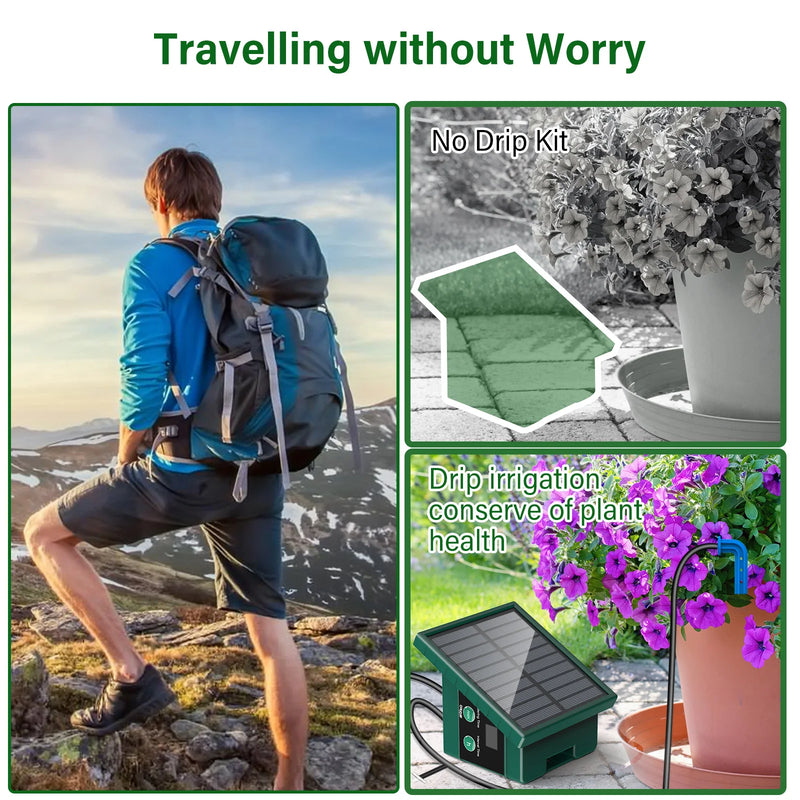 Solar Drip Irrigaton System,  Automatic Watering System with 300 Watering Programmes, Garden Watering Kit with 10M Hose&10 Drip Tips etc, Suitable for Vegetables/Potted Plants/Fruit Trees