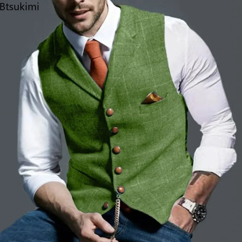 2026 Men's Formal Vests Lapel Tweed Plaid V-neck Waistcoat Slim Vest Business Formal Dress Suit Casual Wedding Tuxedo Male Vest