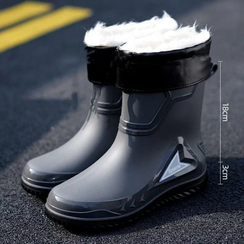 Rain Shoes Men's Medium Tube Non-slip Waterproof Shoes Outdoor Water Boots Thermal Short Tube Rubber Shoes Men