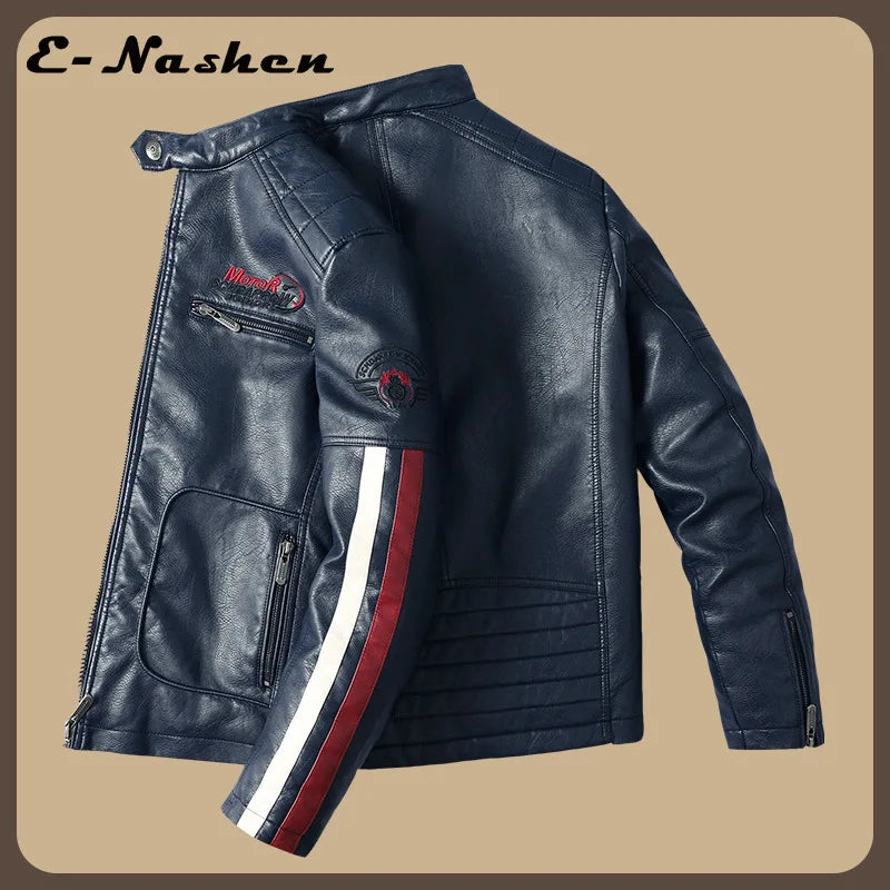 Men's Red Long-sleeve PU Jackets and Blue Faux Leather Motorcycle Coats for Fall and Winter. European Sizes S–XXXL.