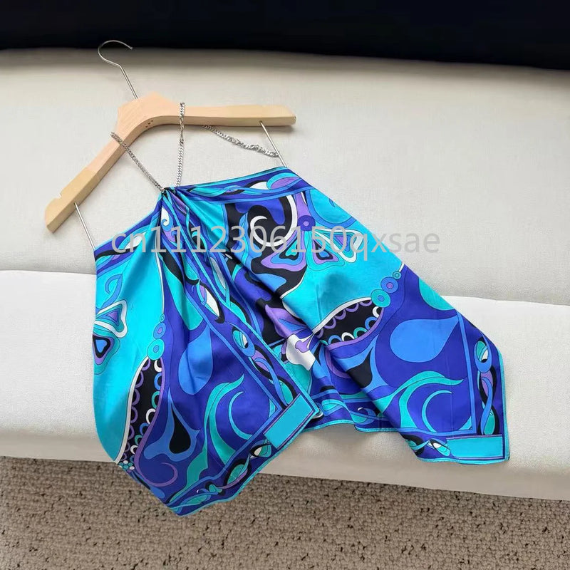 Classic Design Women's Light Blue Halter Tops with Designer Signature Letter Logo Luxury Brand Lady Sexy Sleeveless T-shirts