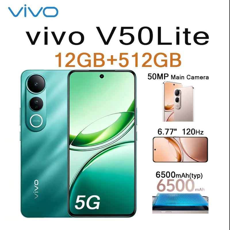 VIVO V50 Lite 5G 6.77" 120Hz Display 12GB+512GB 50MP Cam 6500mAh Long Lasting Battery Type-C Dual SIM Unlocked Smartphone