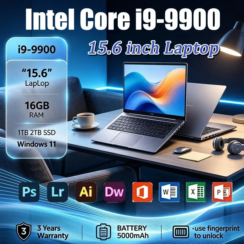 New Office Laptop Intel Core i9 9900 15.6 inch 4K HD Screen Windows 11 16GB RAM 1TB SSD Portable Slim Laptops PC Gamer Computer