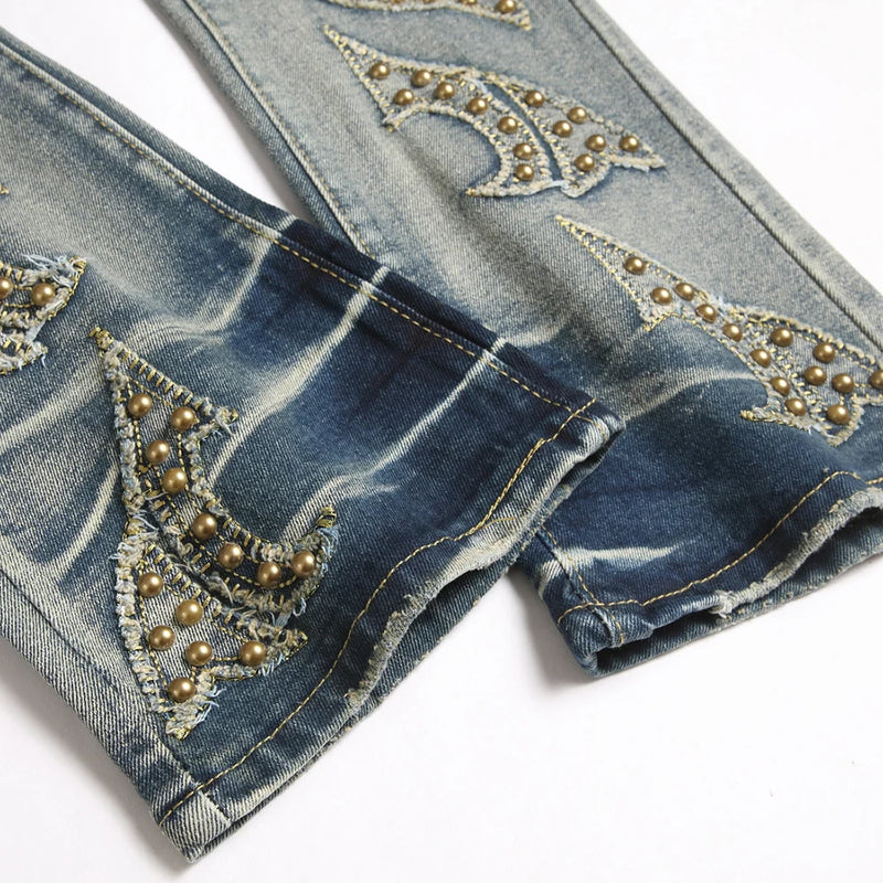 Men Slim Boot Cut Denim Jeans Punk Rivet Patch Stretch | SAMAG