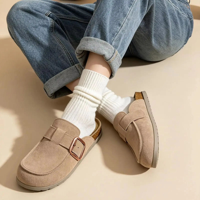 Crestar Genuine Suede Clogs For Women Fashion Cork Footbed Leather Mules Slip On With Adjustable Buckle Lady Memory Foam Slipper