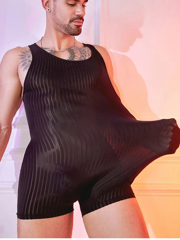 Men's Stripe Thin Bodysuit High Elastic Sheer See Through Tights U Convex Pouch Sexy Breathable Playsuit Man Shaper Dance Wear