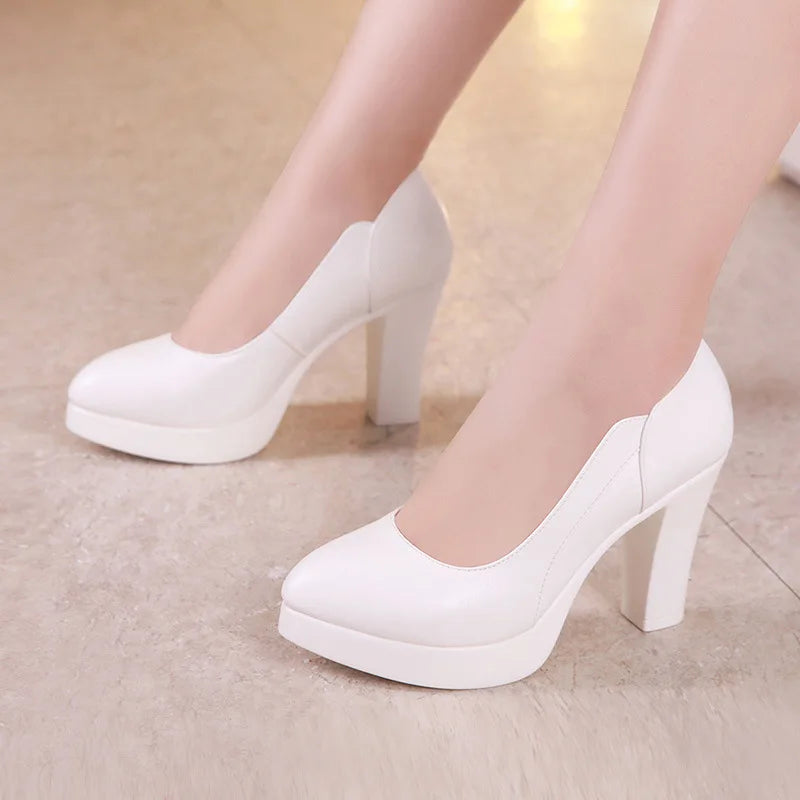 high quality leather shoe for women 6cm 8cm high heel platform point toe 32 33 34 elegant and fashion shoe black white silver