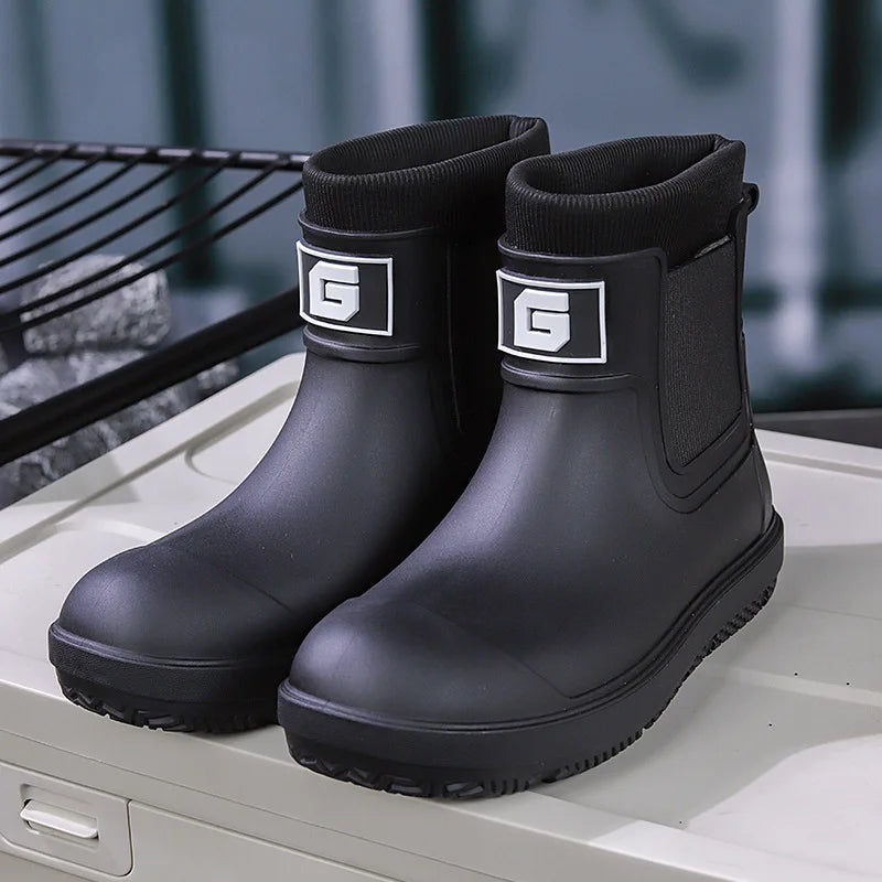 New Mens Rain Boots Outdoor Short Tube Sports Shoes Fishing Nonslip Work Garden Rubber Shoes Water Kitchen Ankle Shoes Keep Warm