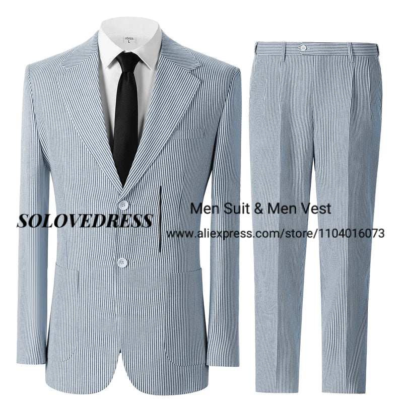 Men's Seersucker Striped Suits 2 Piece Slim Fit Summer Casual Pinstripe Suit for Men Wedding Grooms Blazer Jacket Pants Sets