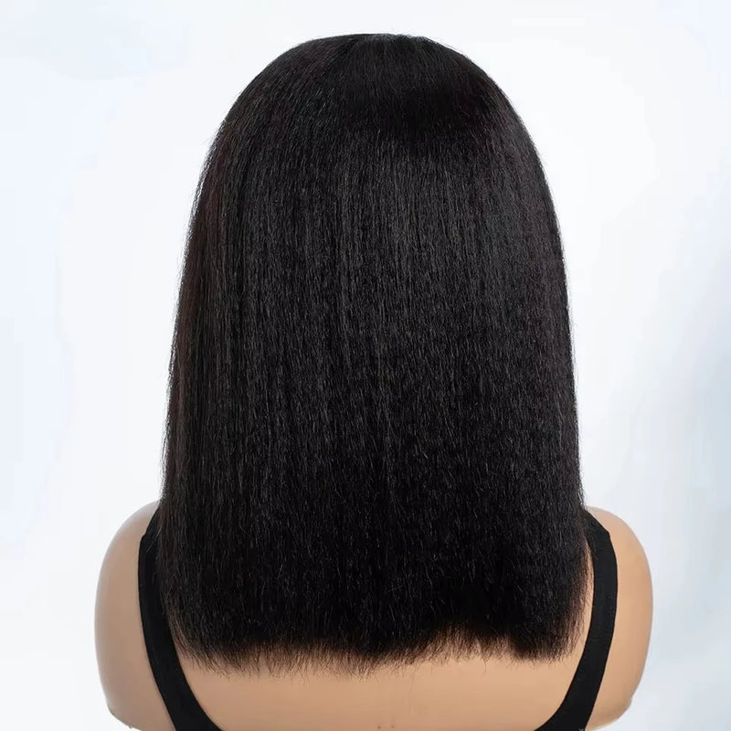 Kinky Straight Bob Side Part Human Hair Lace Wig Pre Plucked 14inches Natural Hairline Wig Natural Black Glueless Human Wigs