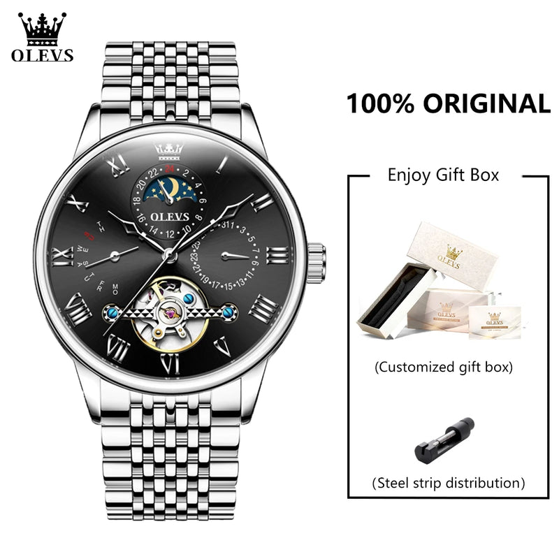 OLEVS 7009 Business Skeletonizing Mechanical Watch Gift Round-dial Genuine Watchband Wristwatch Week Display Calendar Men Watch