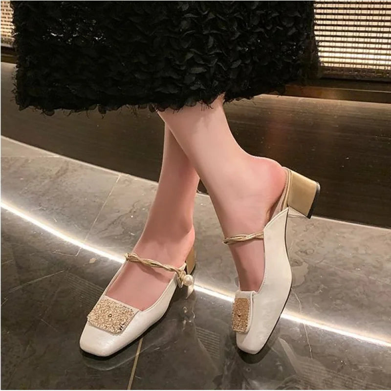 New Women's Shoes Mary Jane Mules, Square-Toed Shallow-Cut Chunky Heel Shoes, Fashionable High-Heeled Sandals