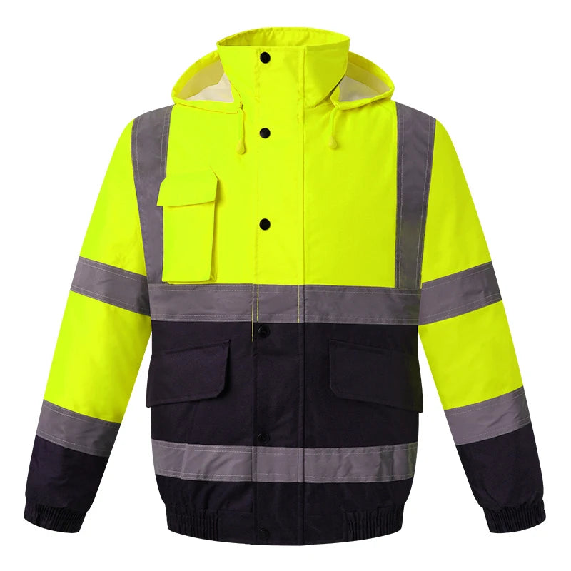 High Visibility Reflective Witnter Jacket Men Waterproof Thickened Safety Coat for Outdoor Work Hi Vis Workwear Bomber Jacket