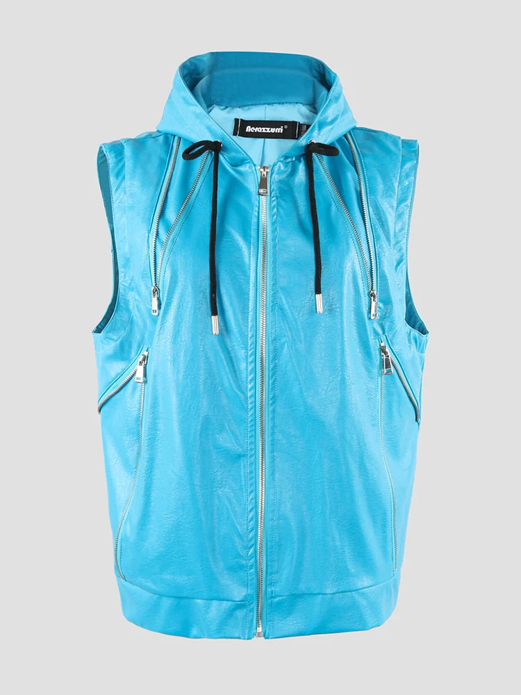 Nerazzurri Summer Autumn Short Black Blue Pu Leather Vest Men with Hood Zipper Luxury Designer Sleeveless Jacket Unisex Clothes