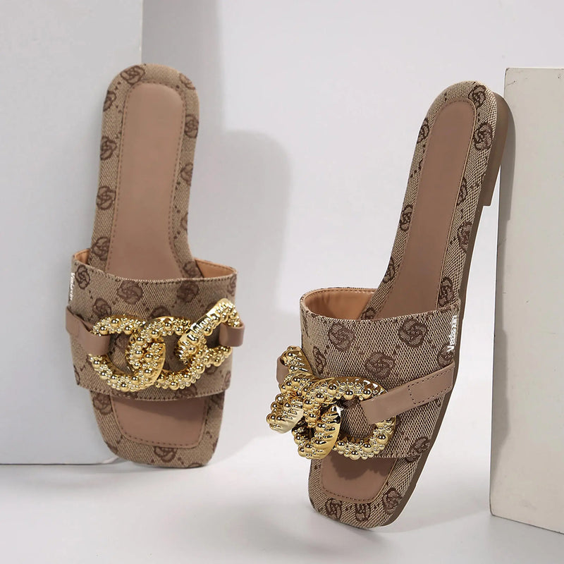 Women's Versatile Slide Sandals Classic Metal Buckle Flat Slippers Casual Summer Shoes Springfresh for Casual & Dressy Outfits