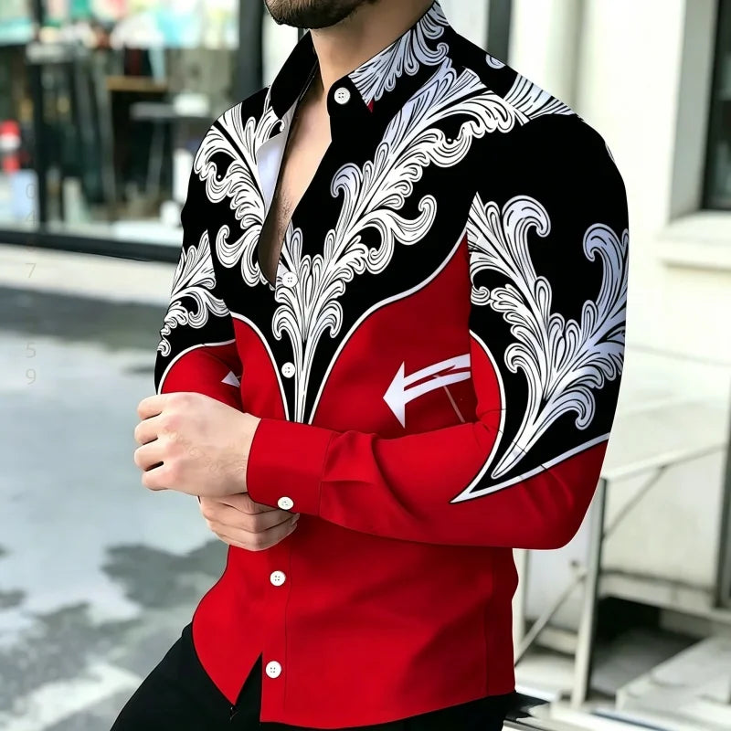 Men's Shirt with Contrasting Print, Black, White, and Red | SAMAG