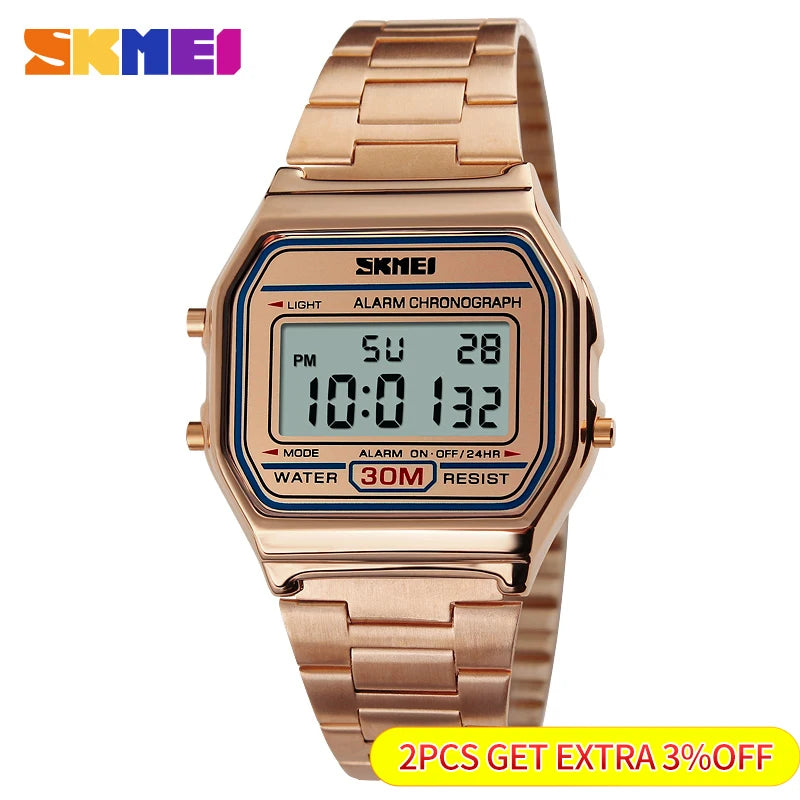 SKMEI 1123 Fashion Men Stainless Steel Strap LED Display Watches 3Bar Waterproof Digital Watch reloj hombre for Casual Sport