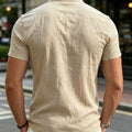 Men's White Stand Collar Henley Short Sleeve Shirt | SAMAG