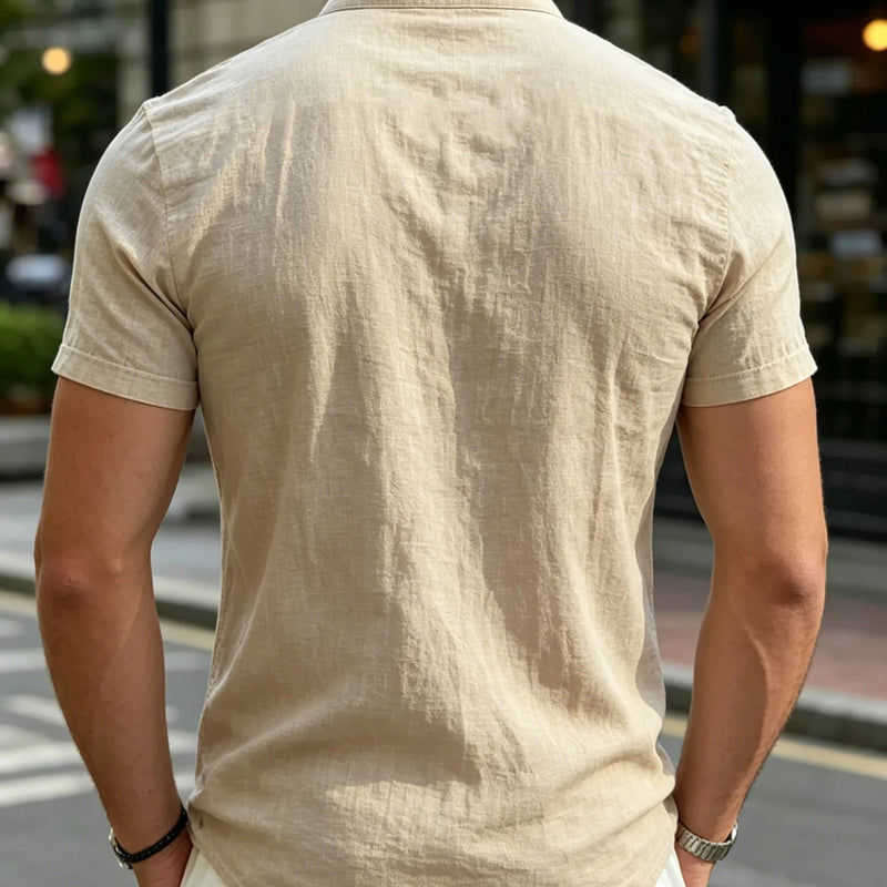 Men's White Stand Collar Henley Short Sleeve Shirt | SAMAG