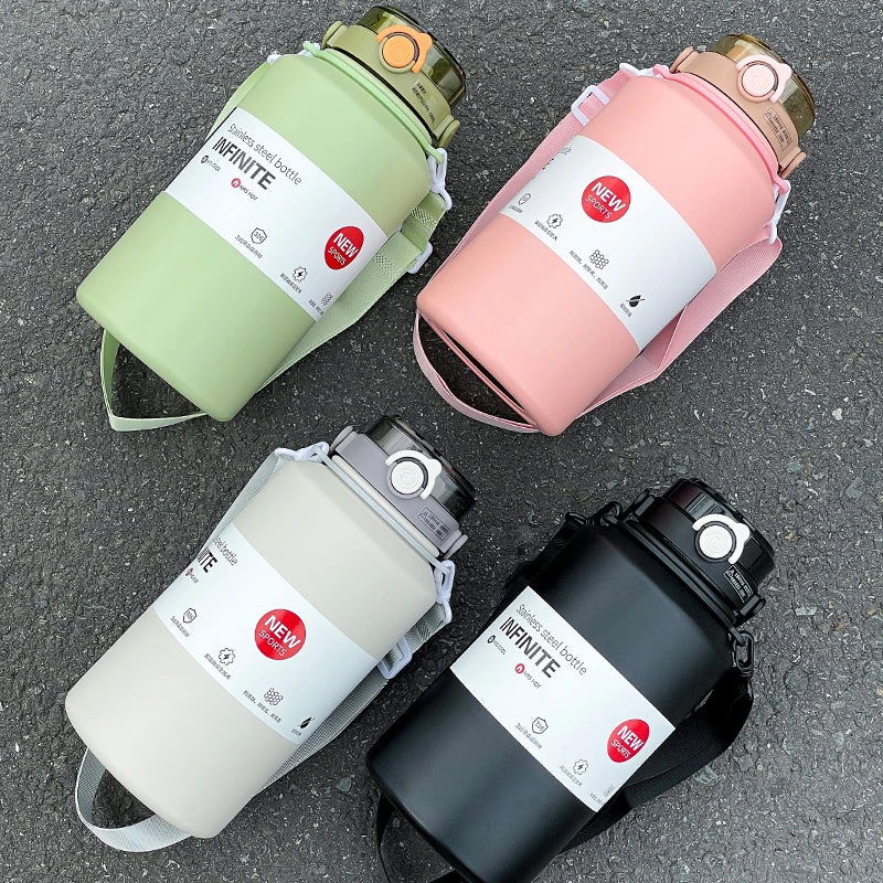800ml/2000ml Large Capacity Stainless Steel Insulated Water Jug with Handle & Straw, Leakproof Vacuum Thermos Mug for Sports Out