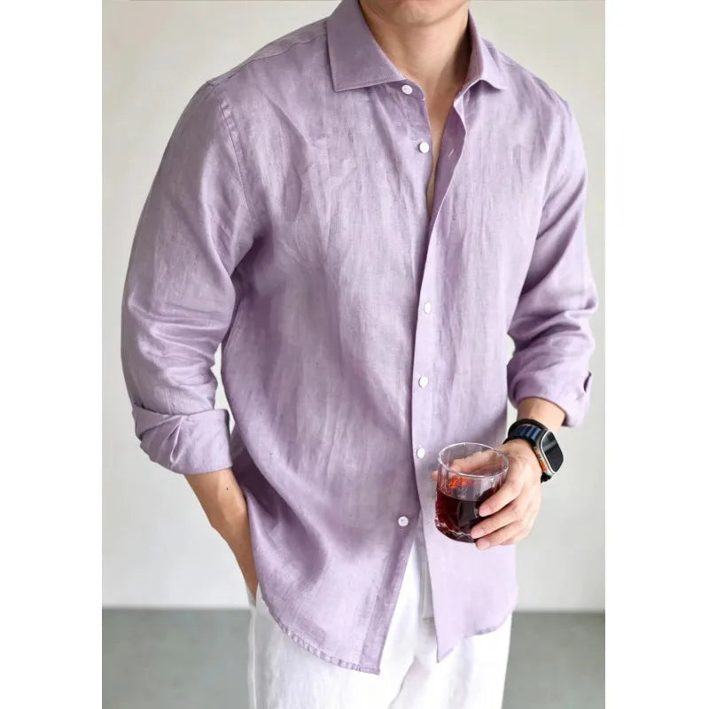 Men's Linen Shirt Cotton Blend Long Sleeve Button Down | SAMAG