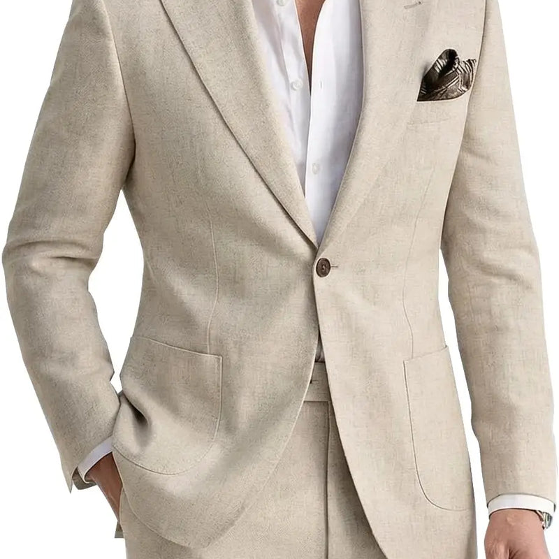 Men's 2 Pieces Linen Suits Casual Lightweight Summer Beach Groom Wedding Suit Linen Blazer Pants Set