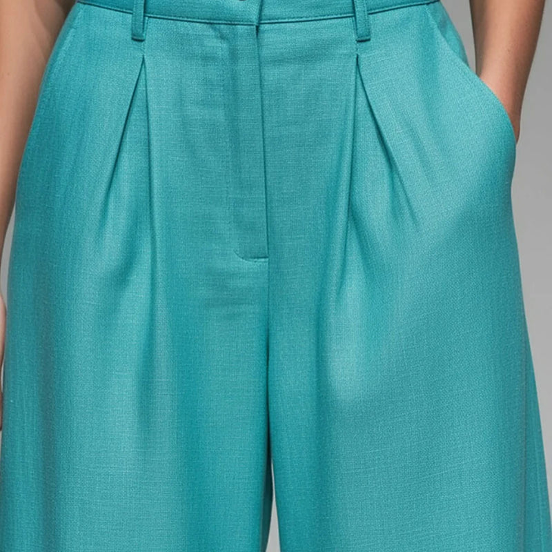 Women's Imitation linen Elegant Sleeveless Shirt Two Piece Outfit - Stand Collar Pocket Blouse High Waisted Wide Leg Pants Sets