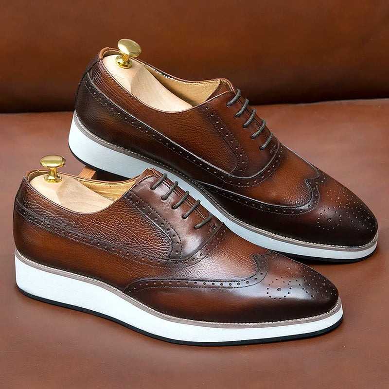 Men's Real Leather Oxford Shoes Classic Wing Tip Toe Lace-Up Handmade Comfortable Casual Sneakers for Business Office