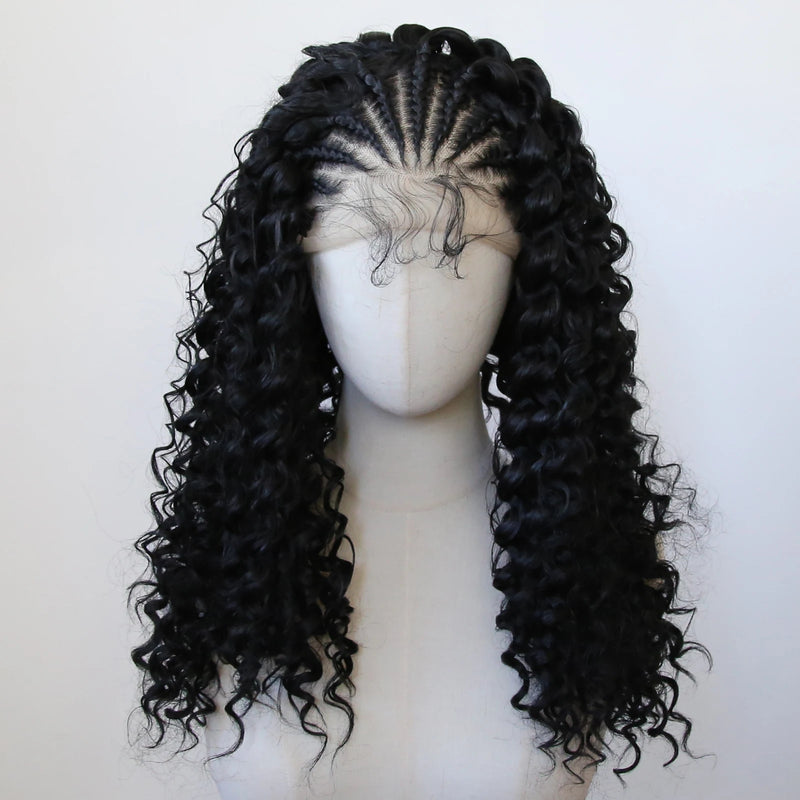 Blonde Black Color Top Braided with Curly End Wig Synthetic Lace Front Wig 13x4inch Long Curly Wig Lace Front Synthetic Wig