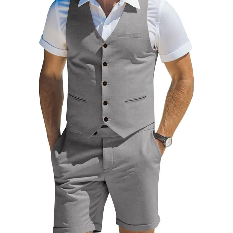 Men's Suit Linen 2 Piece Vests Short Pants Suits for Men Casual Summer Beach Groomsmen Wedding Waistcoat Set