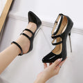 European And American Metal Heel Nightclub Large Size High Heels Elegant Slim Straps Banquet Super High Heels Solid Color